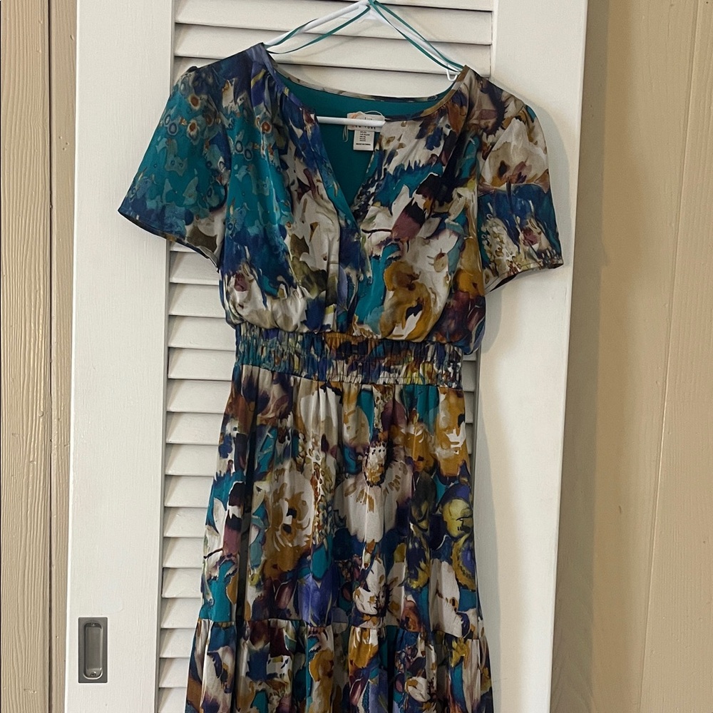 Nicole Miller Floral Teal & Gold Short-Sleeve V-Neck Dress